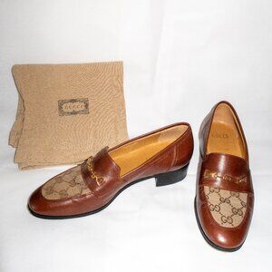 Gucci Leather & GG Logo Canvas Heeled 100 Loafers (IT/EU 38, US 7.5 - 8)